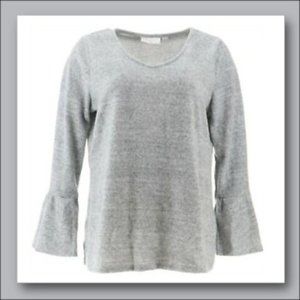 Belle Kim Gravel  Fleece V-Neck Bell Slv Top L